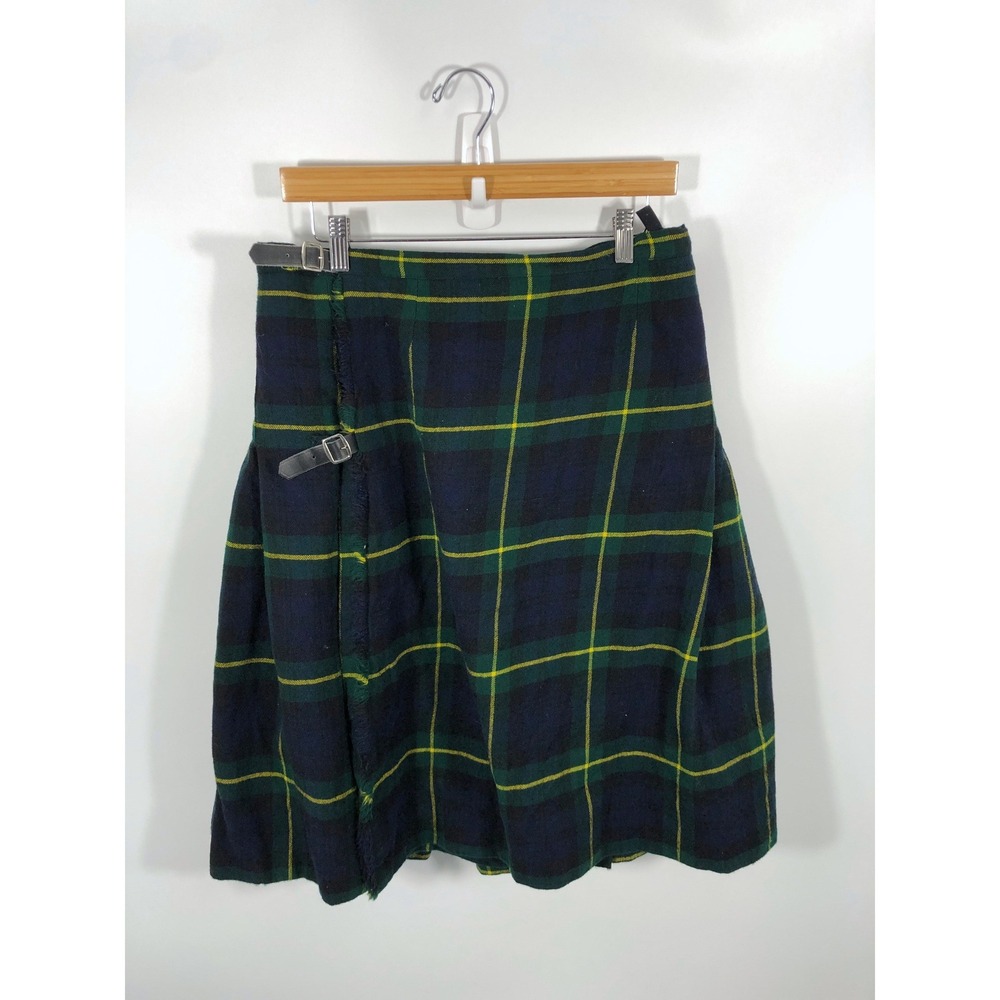 VTG Kinloch Anderson Tartan Kilted Skirt Pleated 100% Wool 18 Green Plaid Buckle
